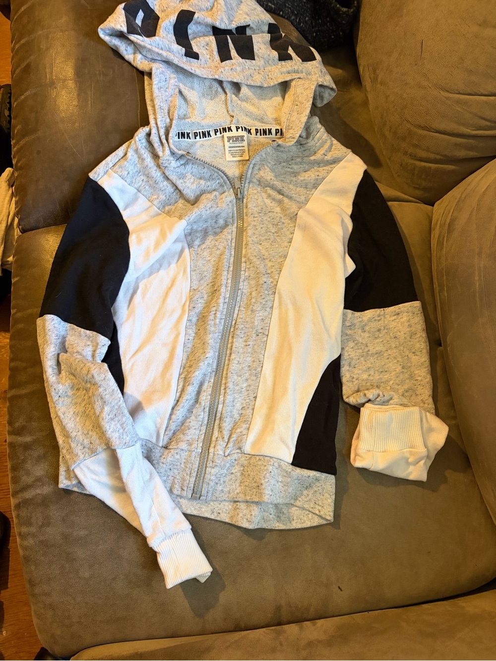 PINK Victoria's Secret Gray, White & Black Colorblock Zip Hoodie